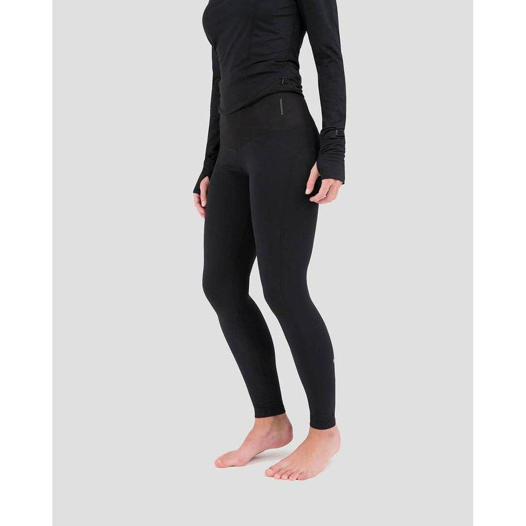 Side view of the Terramar 2.0 Women's Cloud Nine Performance Tights in Black on a barefoot model against a light gray background.