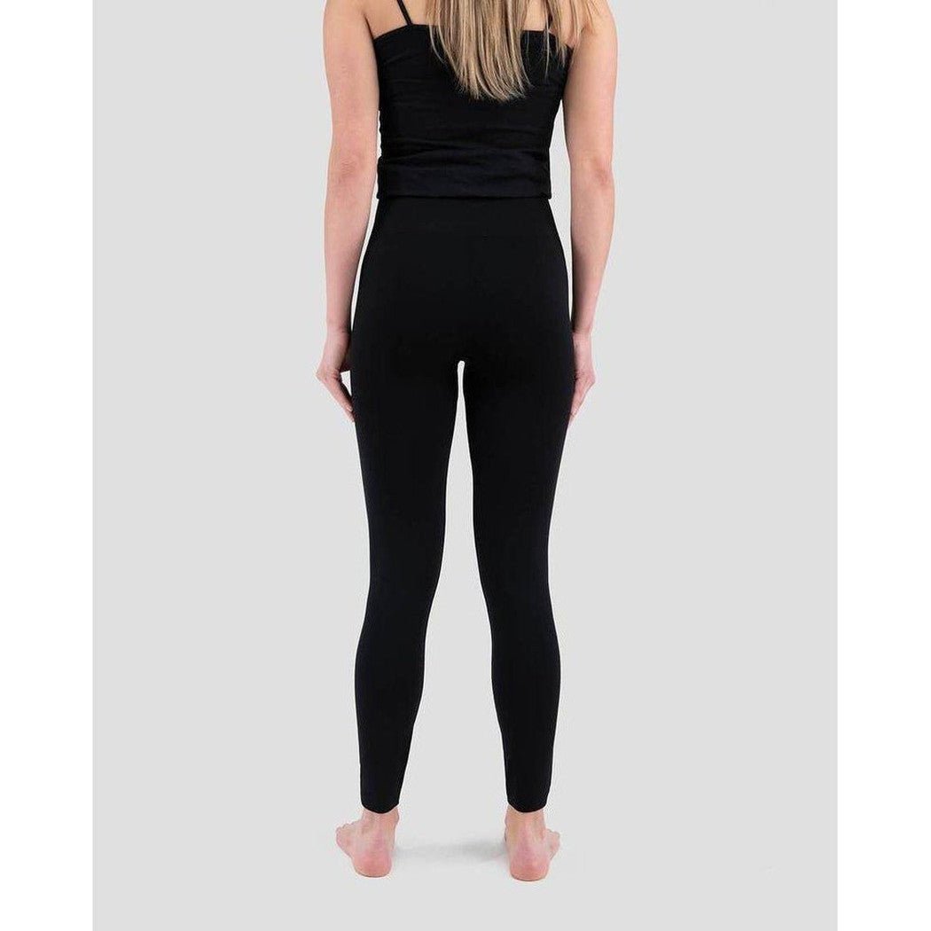 Back view of the Terramar Women's Lined Leggings in Black on a barefoot model against a light gray background.
