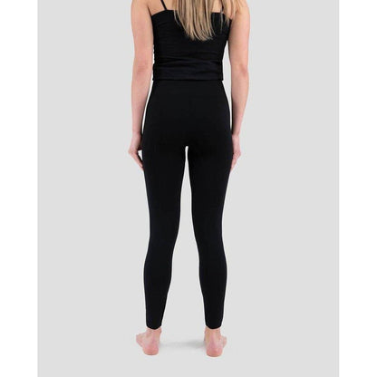 Back view of the Terramar Women's Lined Leggings in Black on a barefoot model against a light gray background.