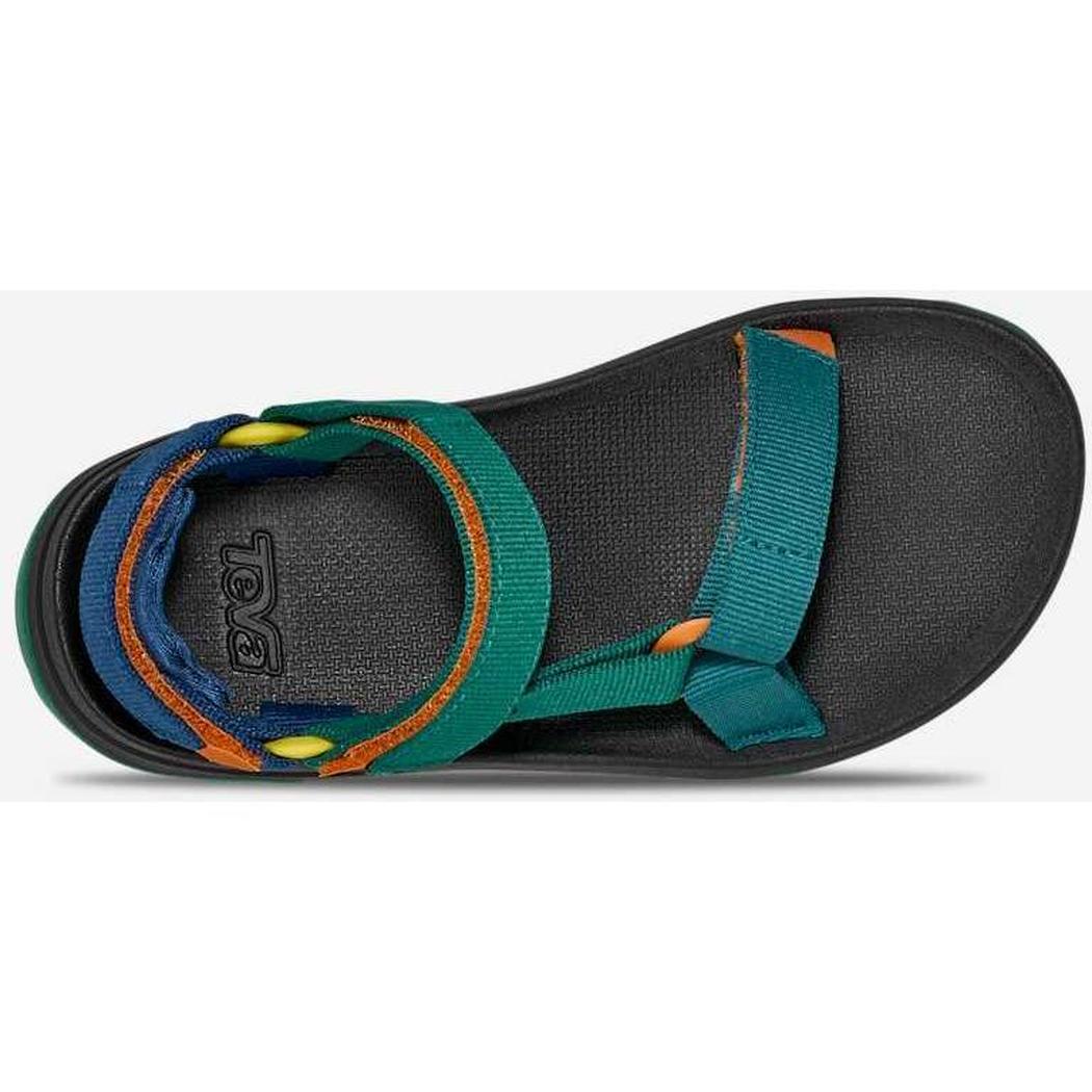 Top view of the Teva Kid's Hurricane XLT JR in Blue Coral Multi showing the adjustable straps and black sole.