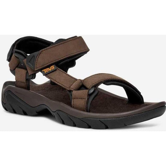 Side view of the Teva Men's Terra FI 5 Universal Leather in Turkish Coffee showing the adjustable straps and rugged outsole against a white background.