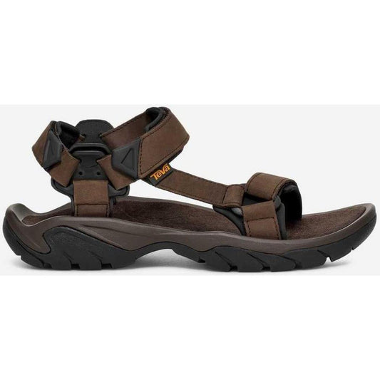 Side view of the Teva Men's Terra FI 5 Universal Leather in Turkish Coffee showing the adjustable straps and rugged outsole against a white background.