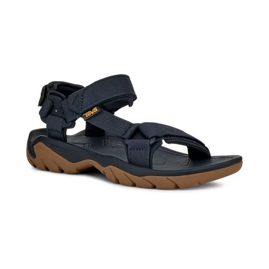 Side view of the Teva Men's Terra FI 5 Universal in Total Eclipse showing the adjustable straps and brown outsole against a white background.