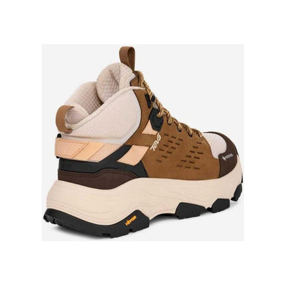 Back view of the Teva Women's Grandview Max GTX in Honey Brown/ Birch showing the thick lugged outsole and high collar against a white background.