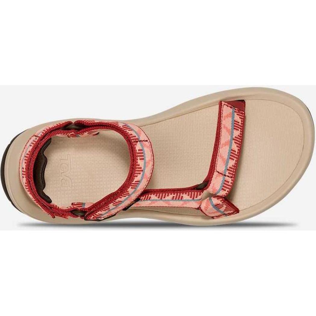 Top view of the Teva Women's Hurricane XLT3 sandals in Criss Cross Bossa Nova with a beige sole and red straps.