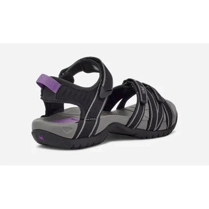 Back view of the Teva Women's Tirra in Black/Grey showing the adjustable straps and grey sole against a white background.