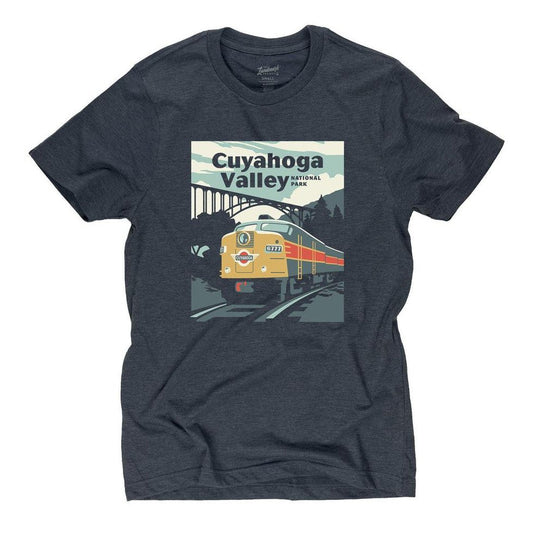 A front view of the Deep Navy The Landmark Project Cuyahoga Valley Tee showing the train graphic on the front.