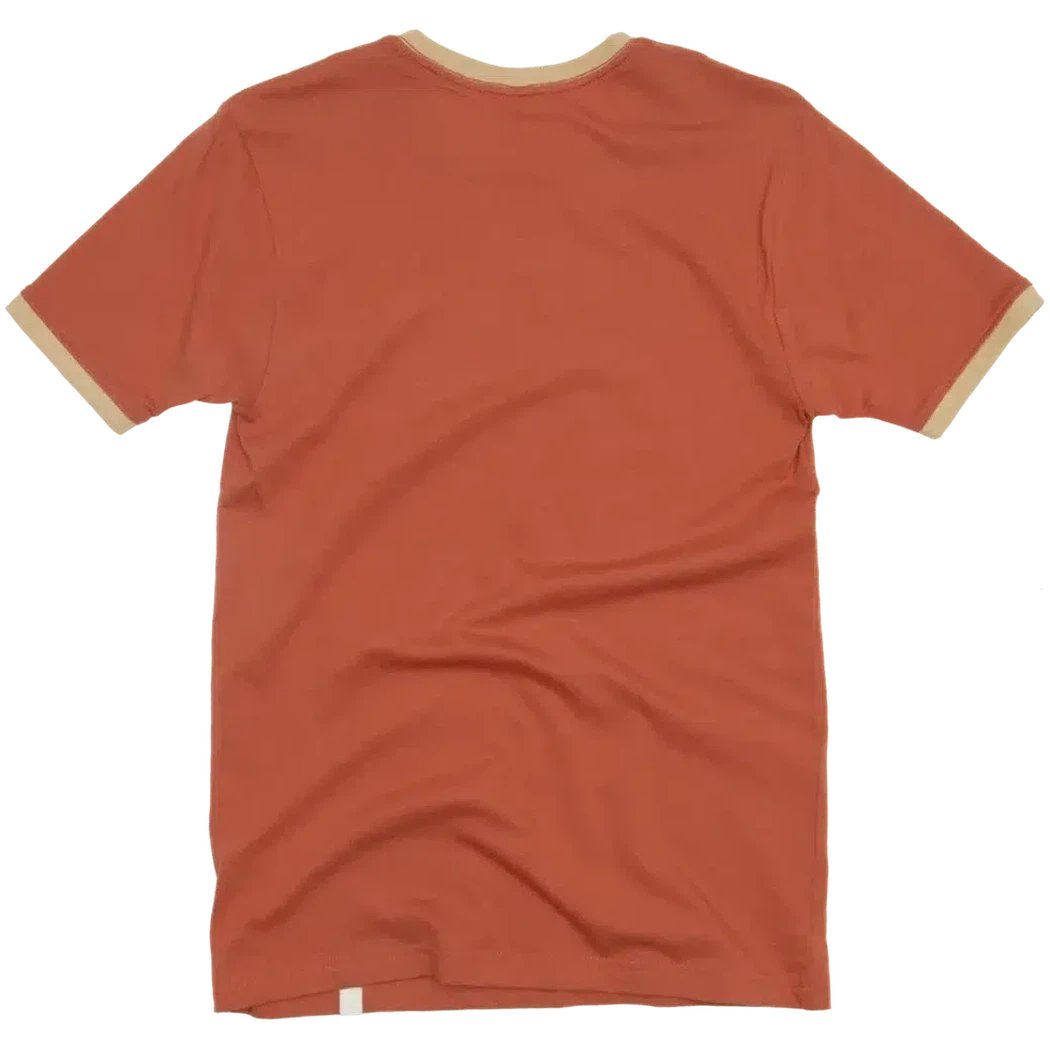 Back view of the The Landmark Project Give A Hoot Ringer Tee in Spice/Fossil with a beige collar and sleeve trim, photographed against a white background.
