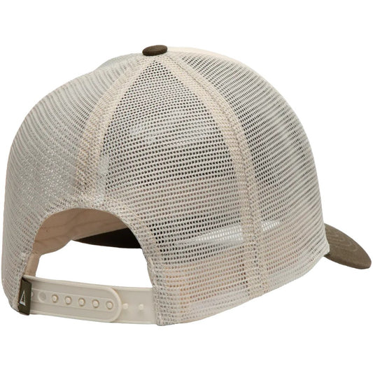 Back view of The Landmark Project Keep It Green 5-Panel Trucker Hat in Sand/Vine showing the mesh back and adjustable strap against a white background.