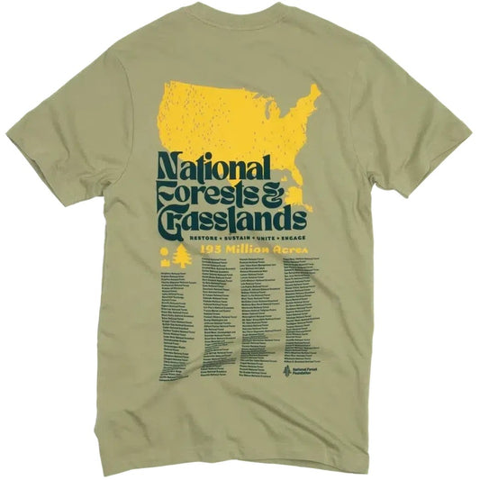 Back view of the Bay Leaf The Landmark Project National Forests and Grasslands Pocket Tee showing the yellow map and text against a white background.