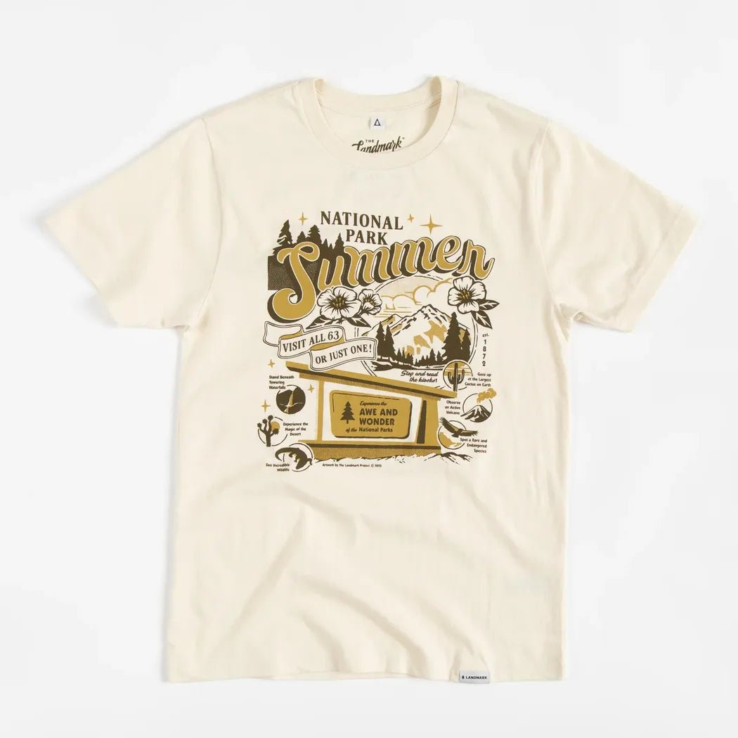A front view of the Honeycomb The Landmark Project National Park Summer Unisex Short Sleeve Tee showing the graphic design on a white background.