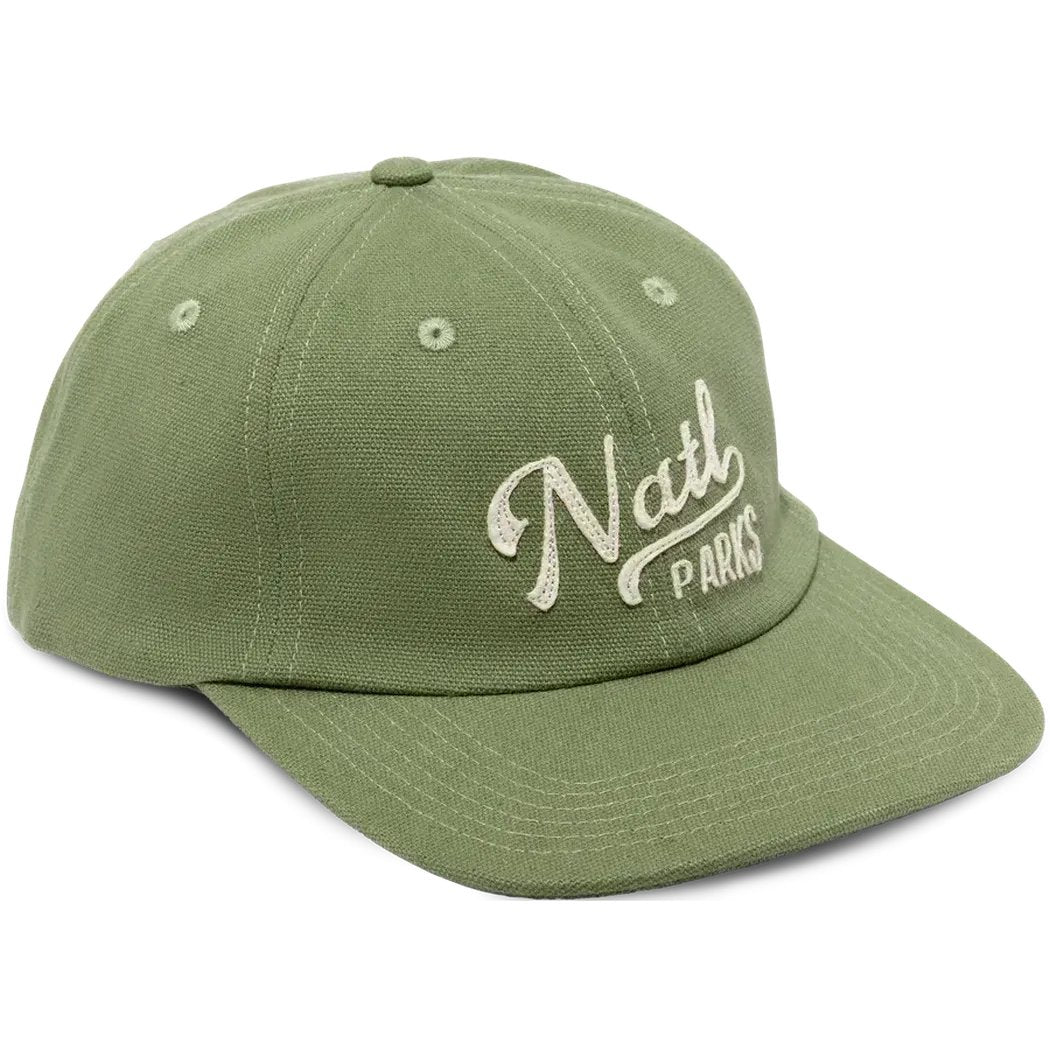 A front view of the Sagebrush Dobby The Landmark Project National Parks Applique Hat with white embroidery on a white background.