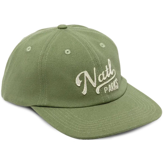A front view of the Sagebrush Dobby The Landmark Project National Parks Applique Hat with white embroidery on a white background.