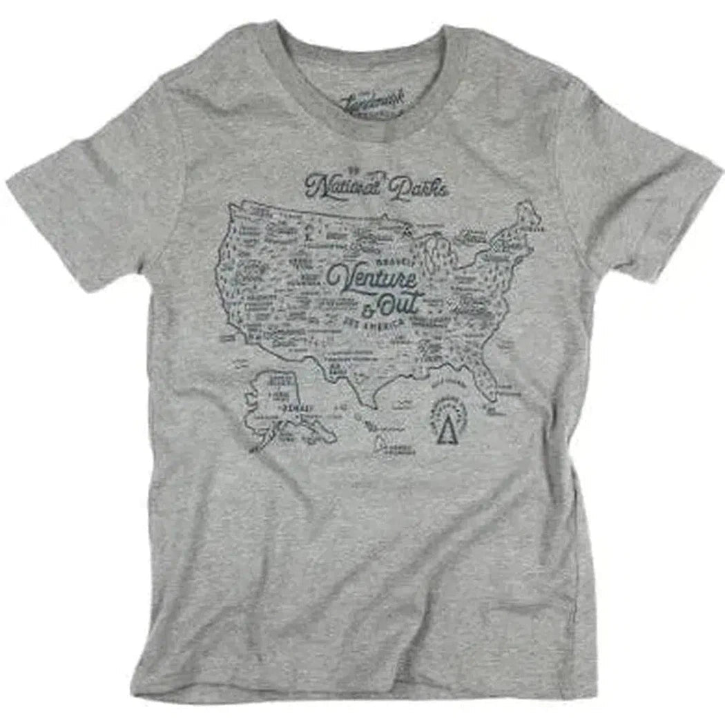 A front view of the The Landmark Project NPS Map Youth Tee in Glacier Blue showing the map design on a white background.