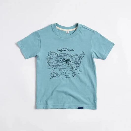 A front view of the Glacier Blue The Landmark Project NPS Map Youth Tee on a white background.