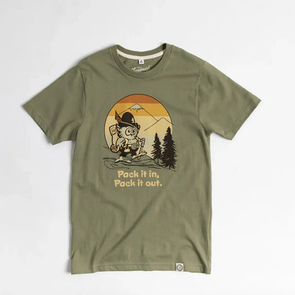 Olive The Landmark Project Pack It in, Pack It Out t - shirt laid flat on a white background with a cartoon character and trees on the front.