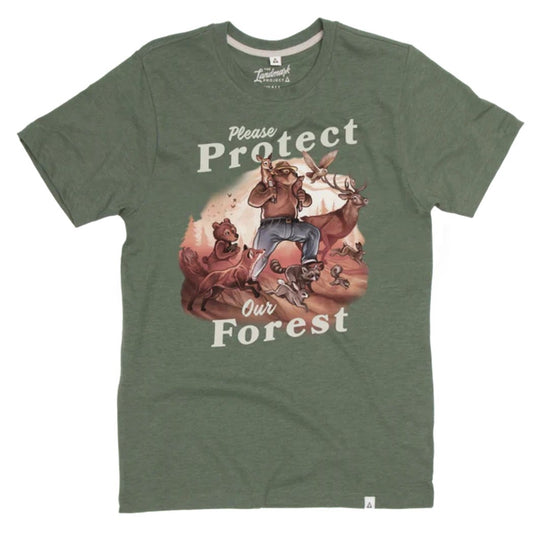 A front view of the Conifer The Landmark Project Protect Our Forest Tee showing the graphic design against a white background.