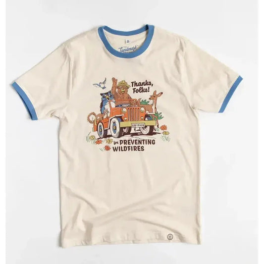 The Landmark Project Thanks, Folks for Preventing Wildfires Unisex Short Sleeve Ringer Tee-Unisex - Clothing - Tops-Honeycomb/Elemental Blue-XS-Appalachian Outfitters