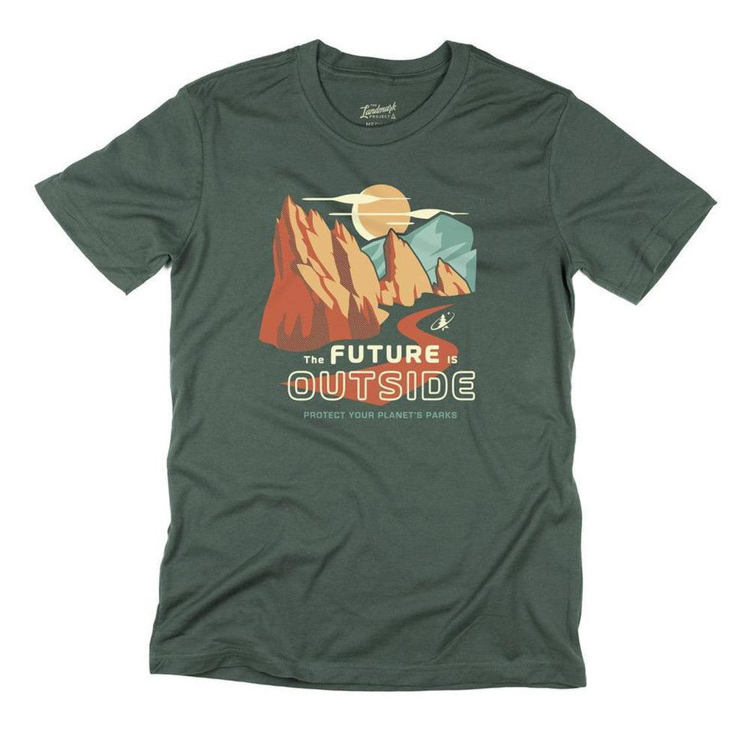 A front view of a Conifer colored The Landmark Project The Future is Outside t - shirt showing the mountain graphic and text against a white background.