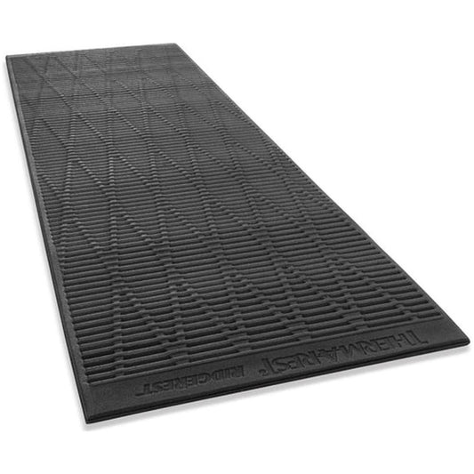 A top-down view of the Therm-a-Rest RidgeRest Classic sleeping pad in Regular Charcoal/Graphite showing its textured surface and embossed branding.
