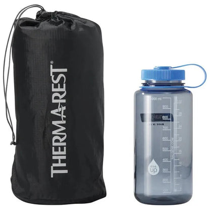 A black Therm-a-Rest bag and a charcoal water bottle with a blue lid are shown side by side.