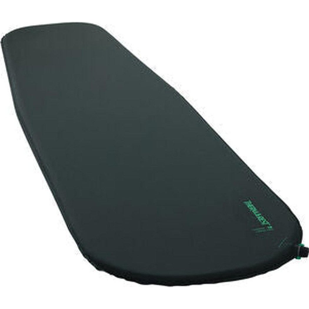 Side view of the Therm-a-Rest Trail Scout sleeping pad in Charcoal/Graphite with a green logo and valve on the right end against a white background.