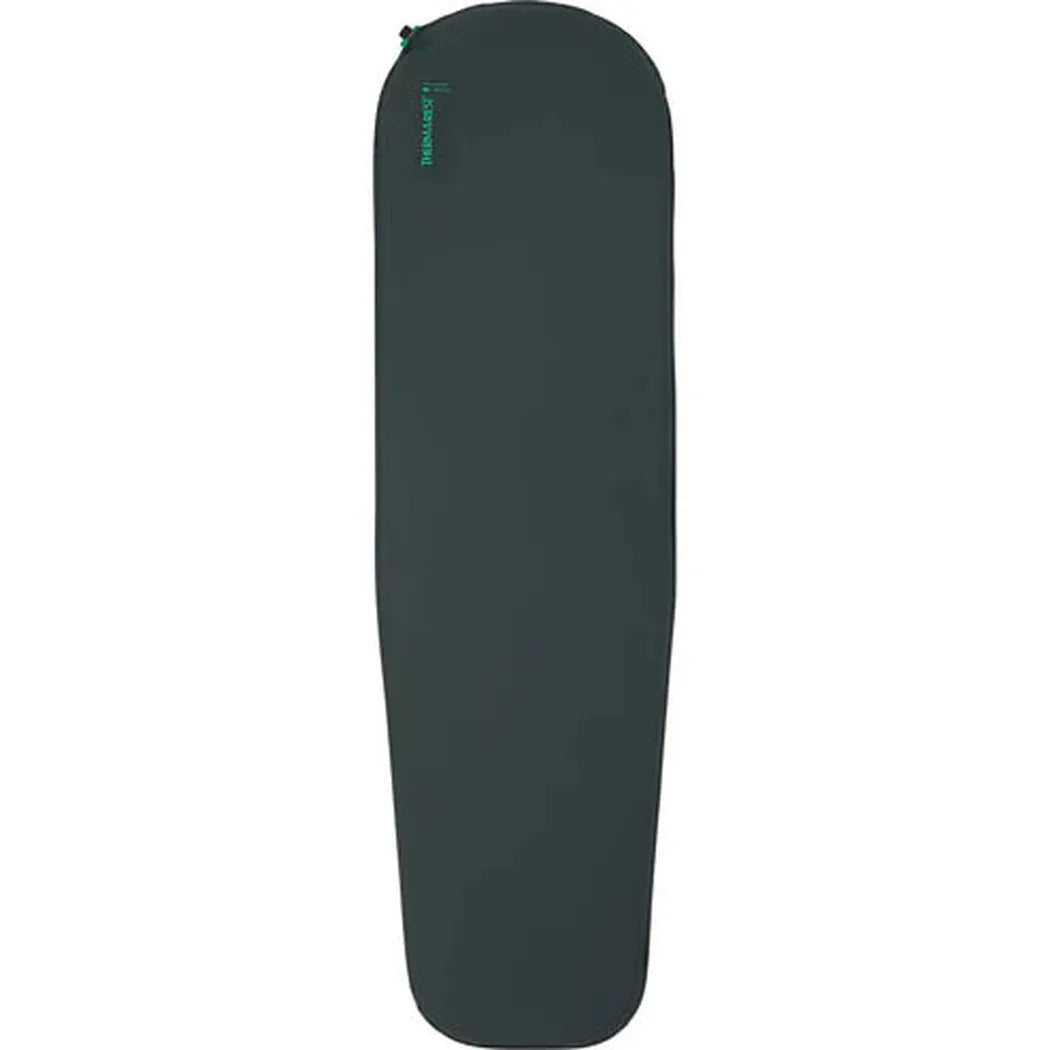 Side view of the Therm-a-Rest Trail Scout in Charcoal/Graphite showing the zippered top and plain background.