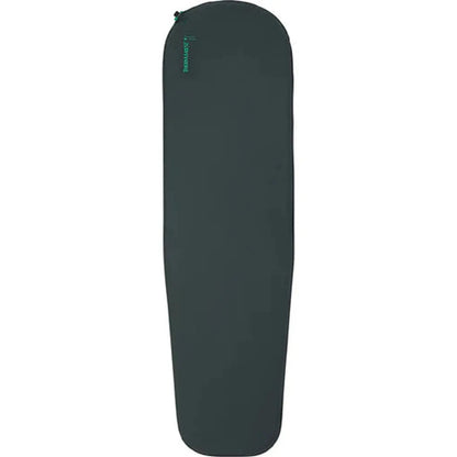 Side view of the Therm-a-Rest Trail Scout in Charcoal/Graphite showing the zippered top and plain background.