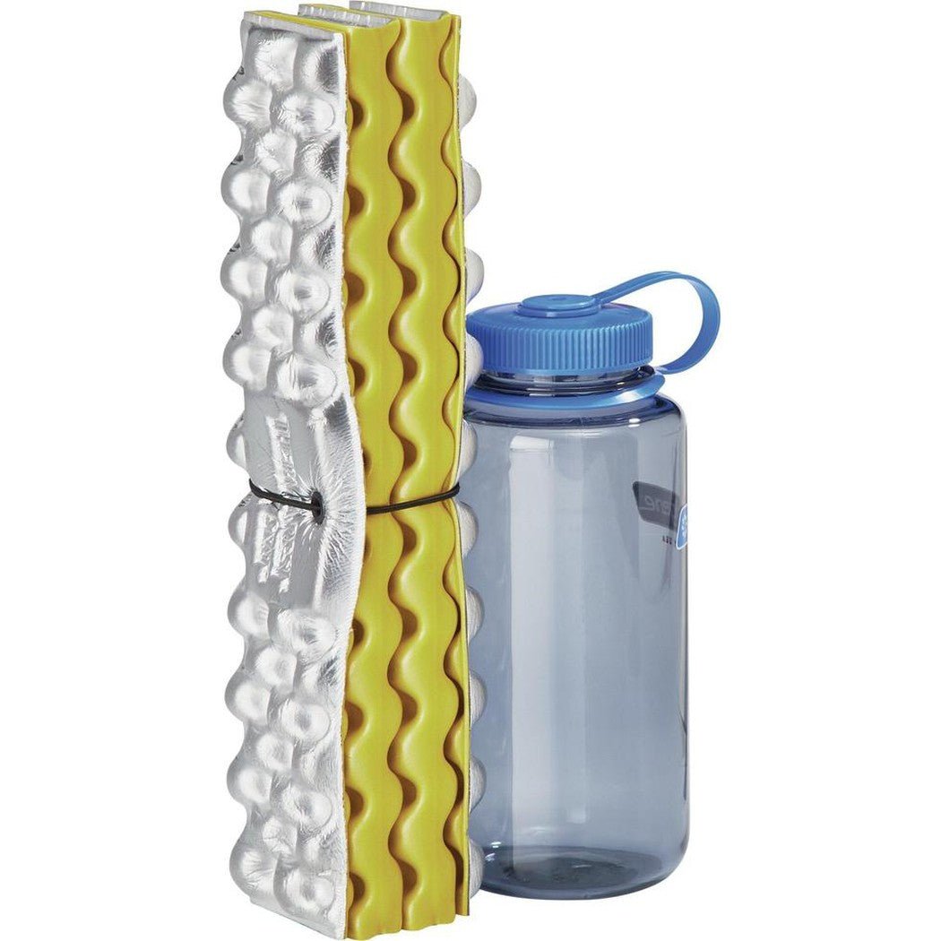 Side view of the Therm-a-Rest Z Seat in Blue/Silver next to a blue water bottle against a white background.