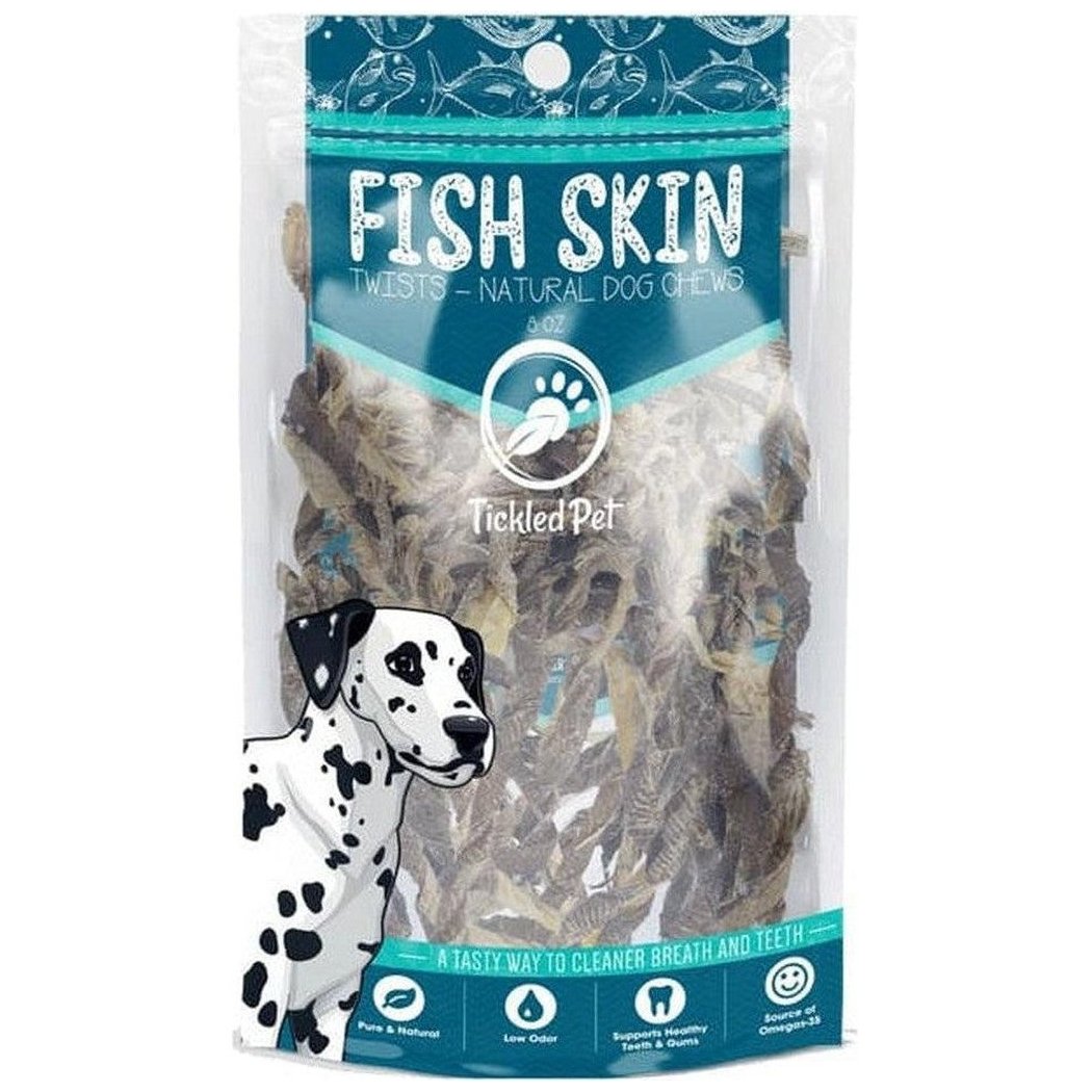 A package of Tickled Pet Icelandic Codfish Skin Twists 5 Oz dog chews with a Dalmatian illustration on the front.