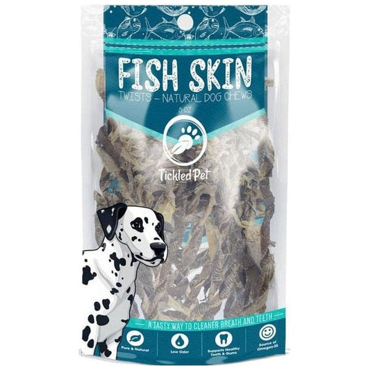 A package of Tickled Pet Icelandic Codfish Skin Twists 5 Oz dog chews with a Dalmatian illustration on the front.