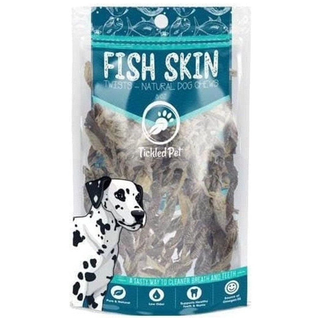 A package of Tickled Pet Icelandic Codfish Skin Twists 8 Oz with a Dalmatian illustration on the front.