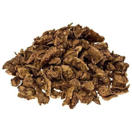 A pile of Tickled Pet Natural Beef Crisps against a plain white background.