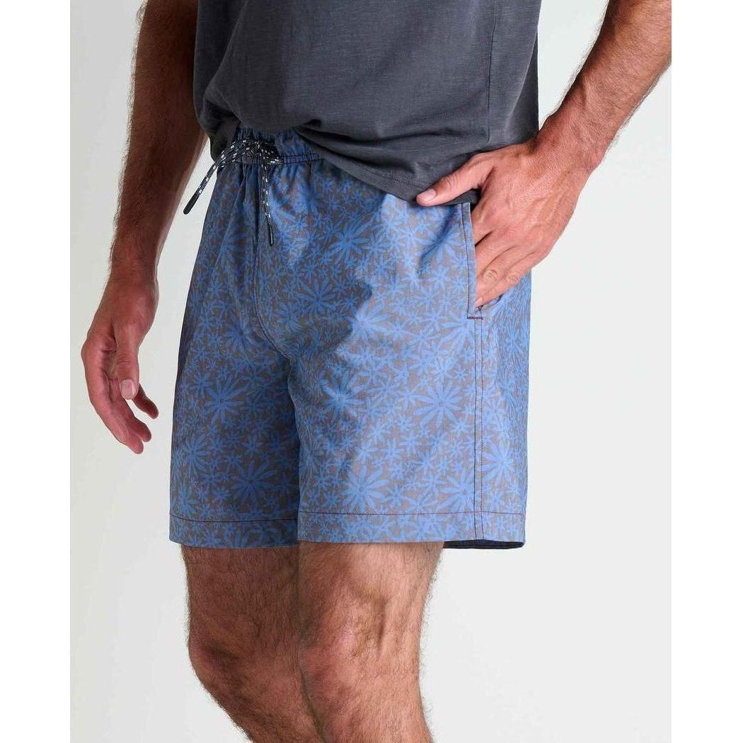 Side view of the Toad & Co Men's Boundless Pull-On Short in Raisin Tonal Print showing the drawstring waist and model wearing it against a plain background.