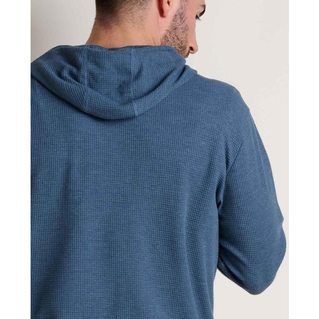 Back view of the Toad & Co Men's Framer II Long Sleeve Hoodie in Pacific Blue against a plain background.