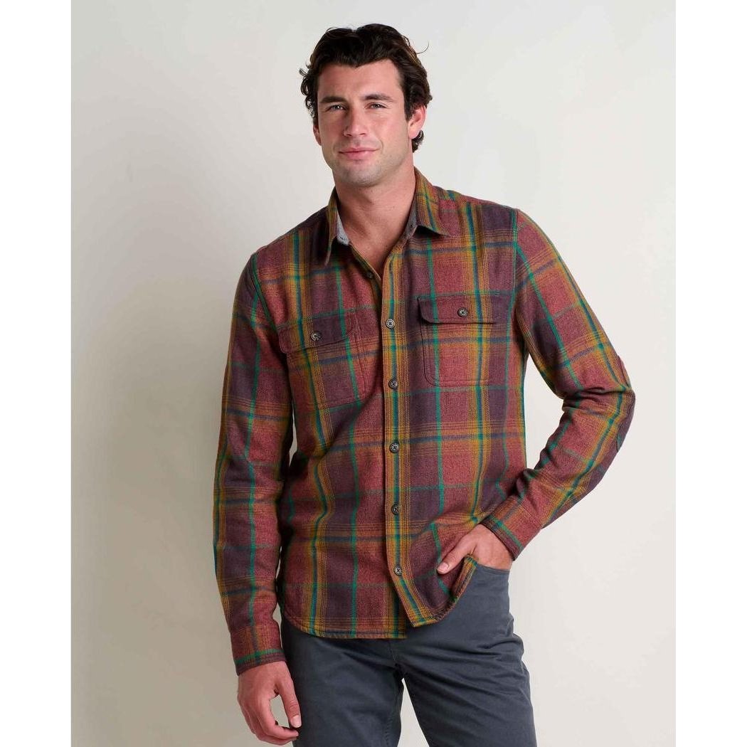 A front view of the Toad & Co Men's Ranchero Long Sleeve Shirt in Cinnamon on a model against a plain background.