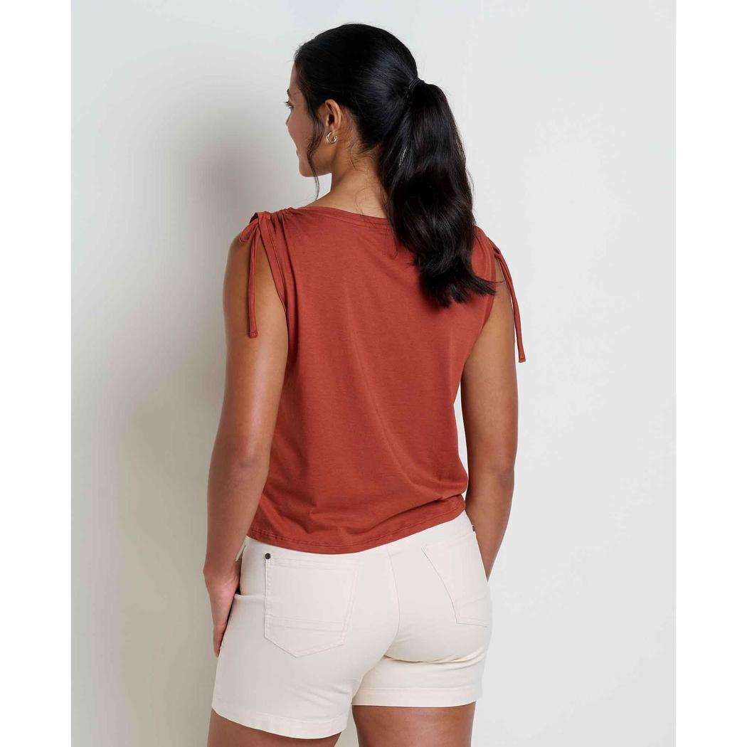 Back view of the Toad & Co Women's Anza Cinch Tank in Cinnamon showing the shoulder ties and a model wearing it against a plain white background.