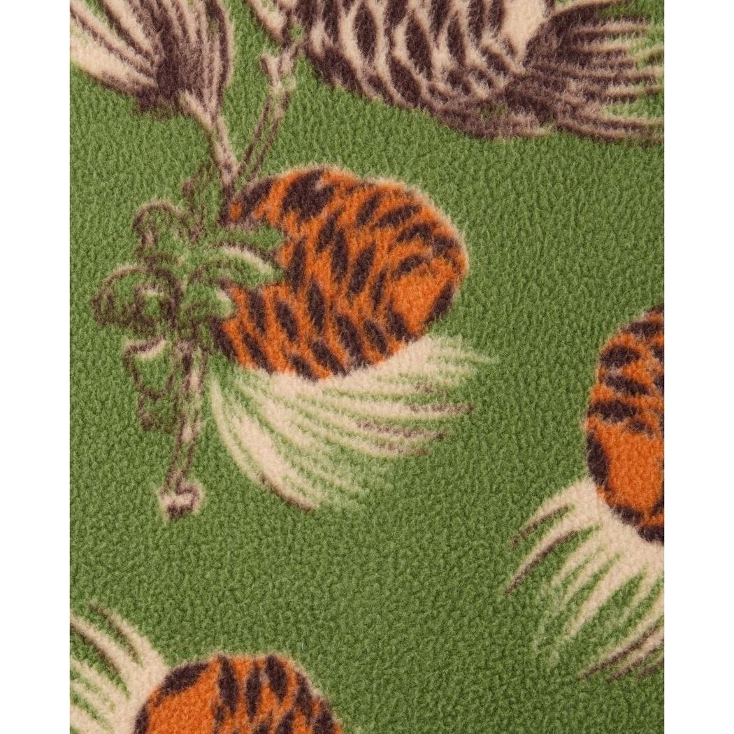 A close-up of the Toad & Co Women's Campo Fleece Jacket in Artichoke Pinecone Print showing the pinecone pattern against a green background.