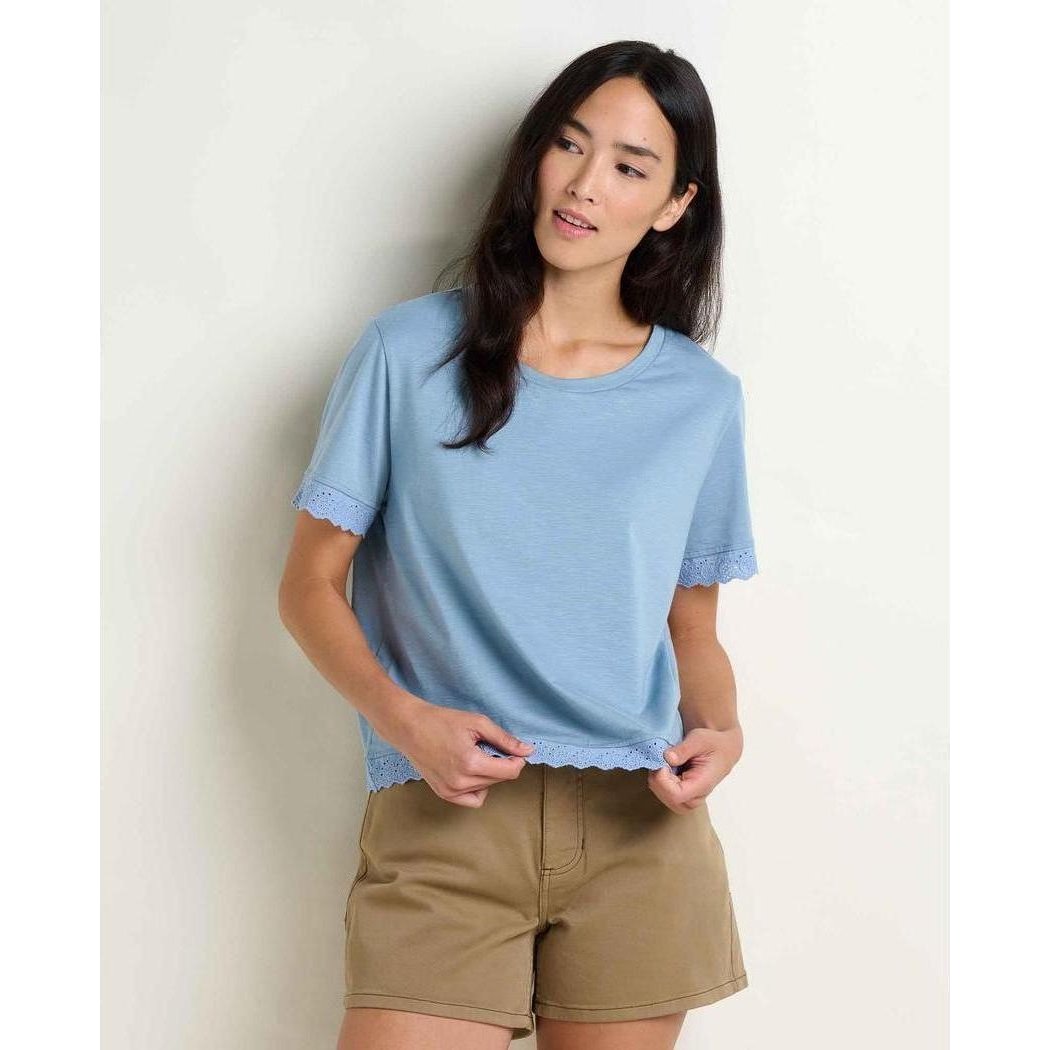 A model wears the Toad & Co Women's Clara Tee in Weathered Blue against a plain white background.
