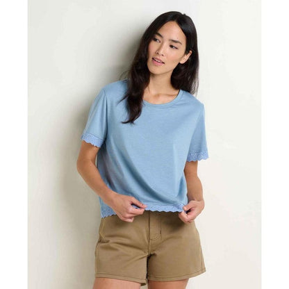 A model wears the Toad & Co Women's Clara Tee in Weathered Blue against a plain white background.