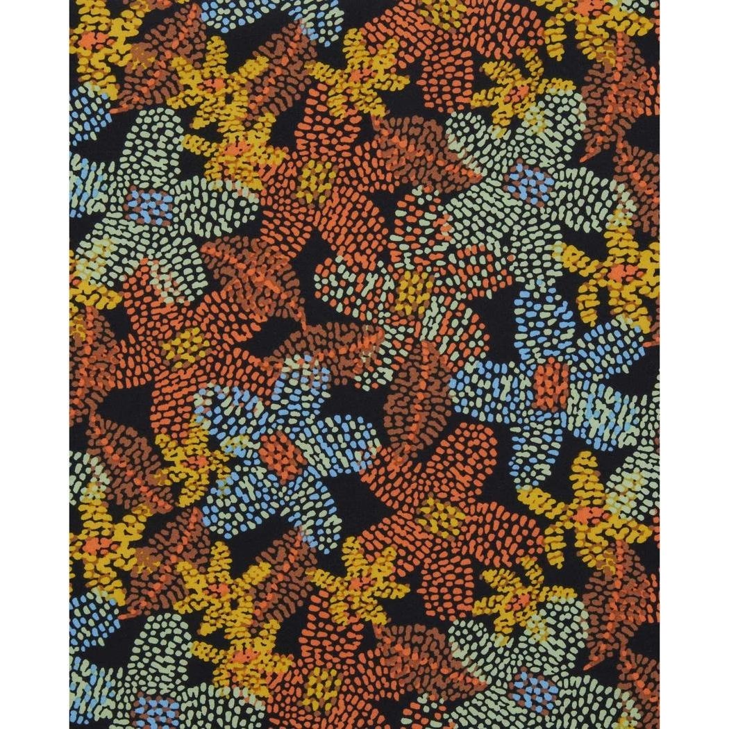 A close-up of the Toad & Co Women's Livvy Sleeveless Dress in Black Floral Dot Print showing the colorful floral pattern against a black background.