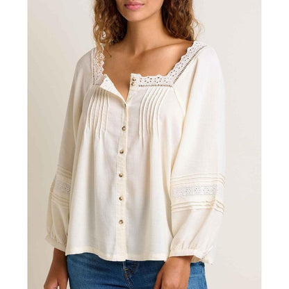 A front view of the Toad & Co Women's Manzana Peasant LS Shirt in Egret showing the lace details and button front against a plain background.