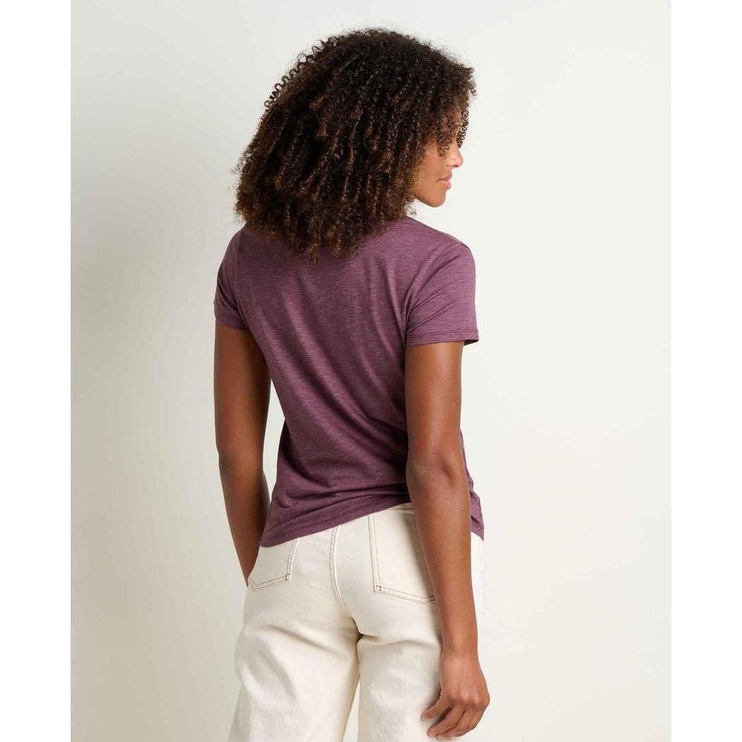 Back view of the Toad & Co Women's Marley II Short Sleeve Tee in Earth, showing the model wearing it against a plain white background.