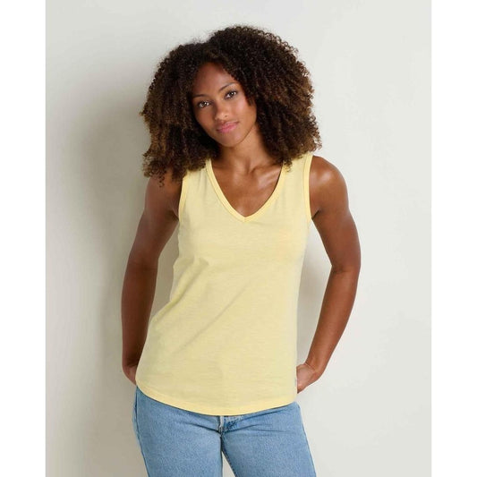 A front view of the Toad & Co Women's Marley Tank in Meyer color on a model wearing light blue jeans against a plain white background.