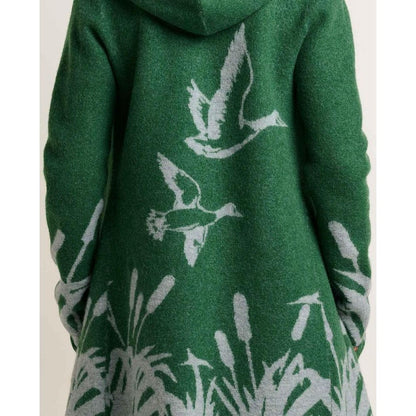 Back view of the Toad & Co Women's Merino Heartfelt Hoodie in Coyote Ombre showing the hood and bird print design.