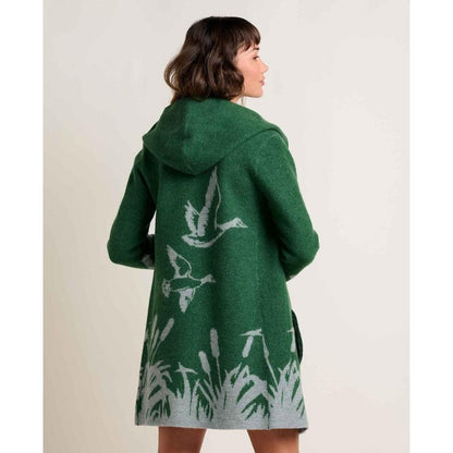 Back view of the Toad & Co Women's Merino Heartfelt Hoodie in Coyote Ombre showing the hood and a model wearing it against a light background.