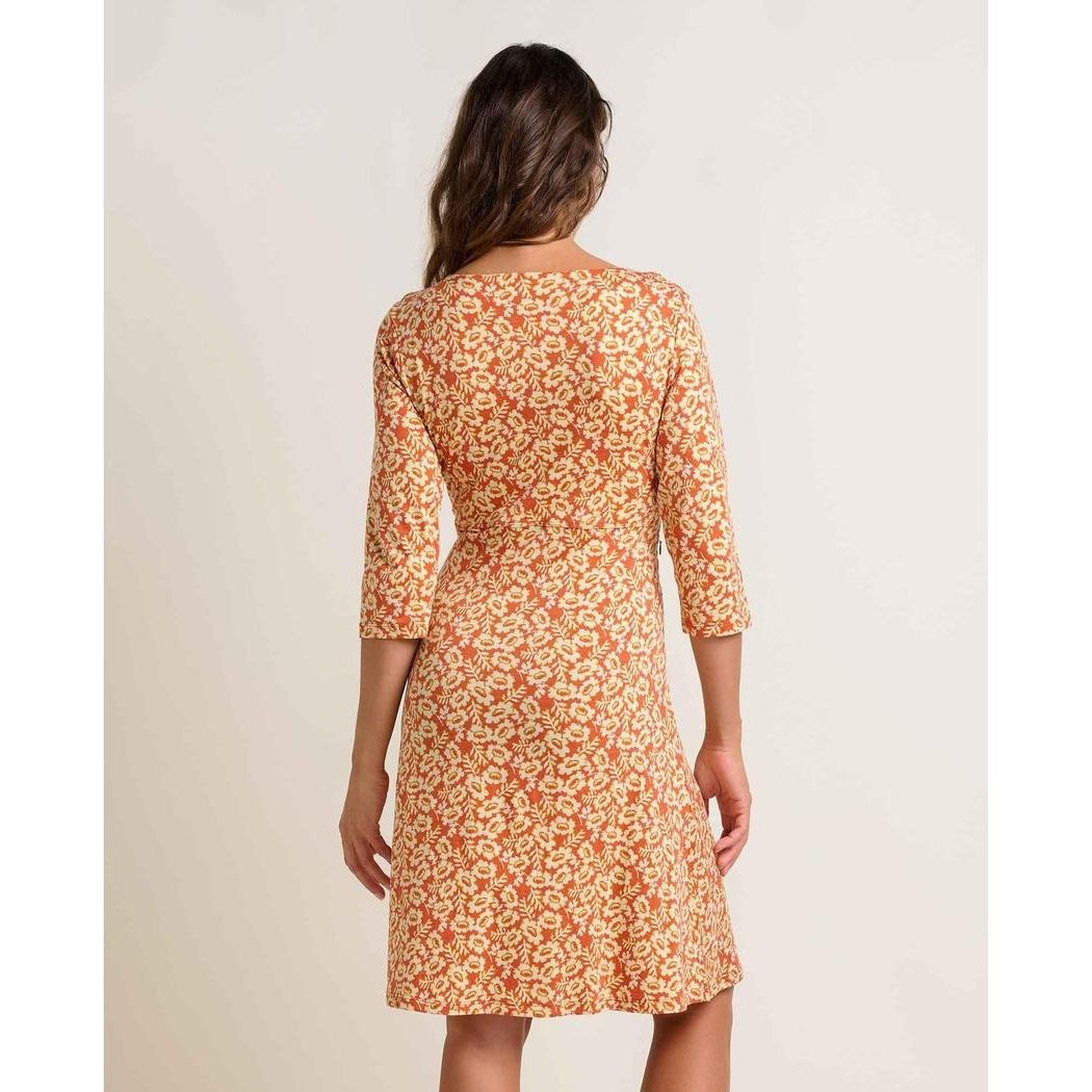 Back view of the Toad & Co Women's Rosalinda Dress in GourdIkatPrint on a model against a plain background.