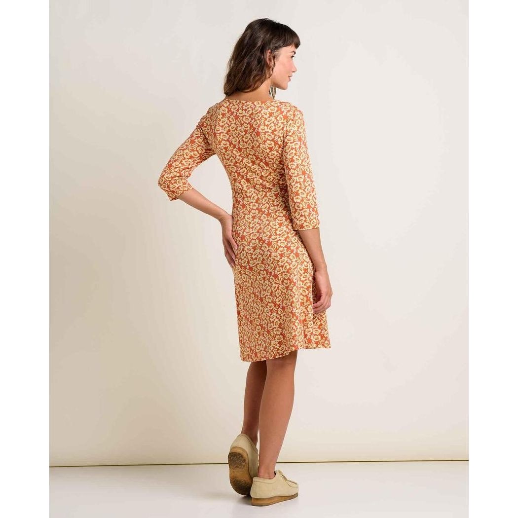Back view of the Toad & Co Women's Rosalinda Dress in GourdIkatPrint on a model against a plain background.