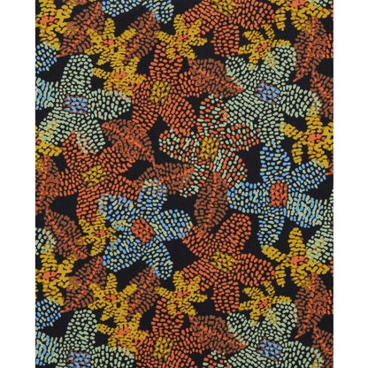 The Almond Pattern Texture Toad & Co Women's Sunkissed Pull-On Short features a vibrant, abstract floral pattern with blue, orange, yellow, and green dots on a black background.
