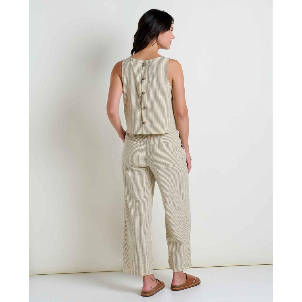 Back view of the Toad & Co Women's Taj Hemp Button Back Tank in Barley Railroad Stripe on a model against a white background.
